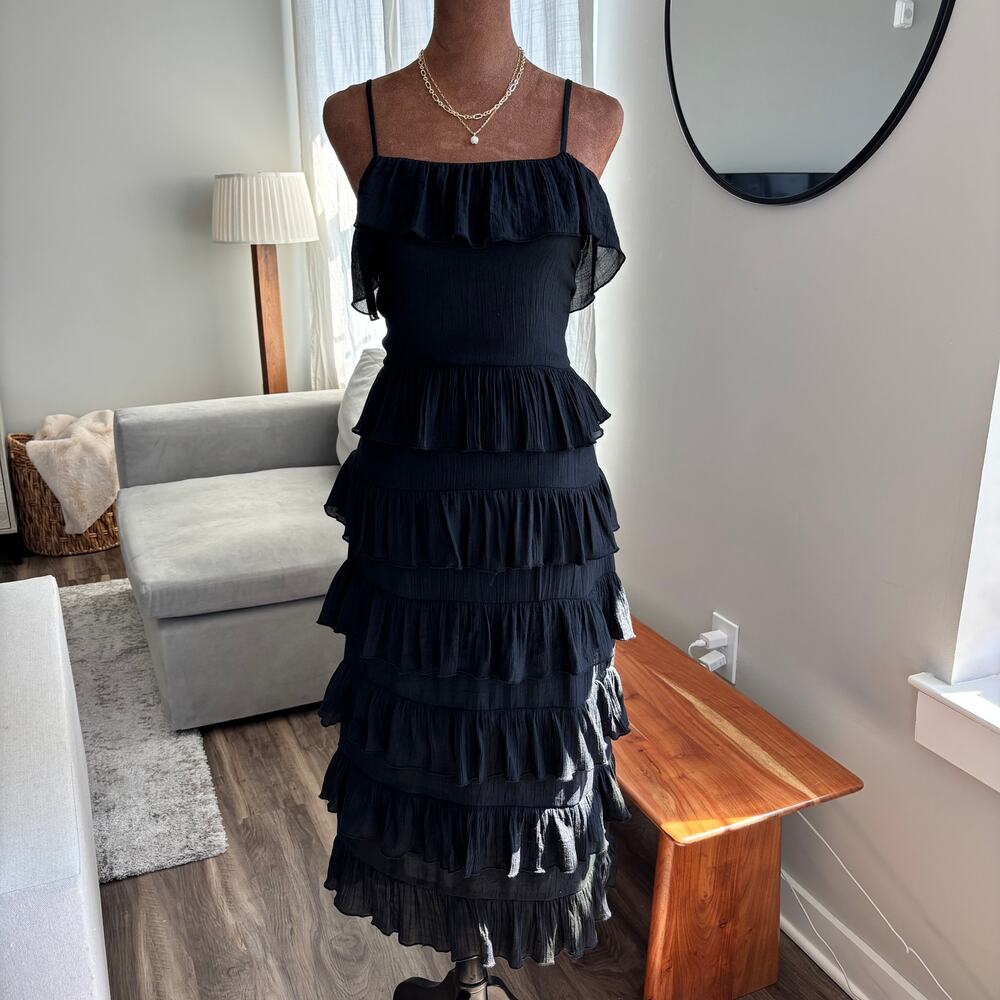 Mink Pink Black Tiered Ruffle Maxi Dress Summer Wedding Guest Sundress Medium - Picture 3 of 8